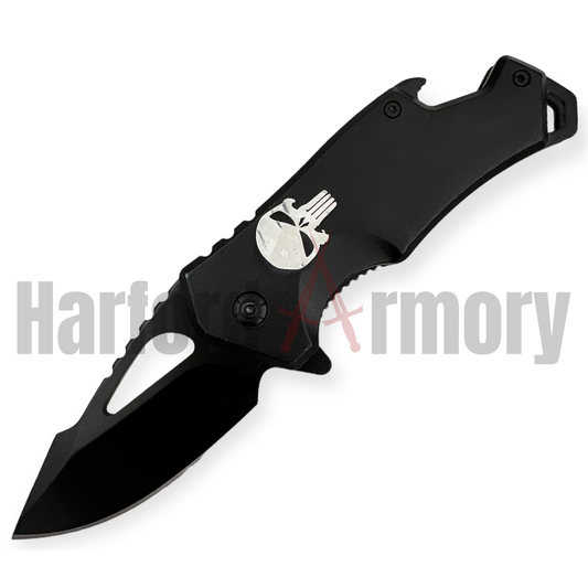 Drop Point Folding Knife with Beer Bottle Opener,Black with Skull