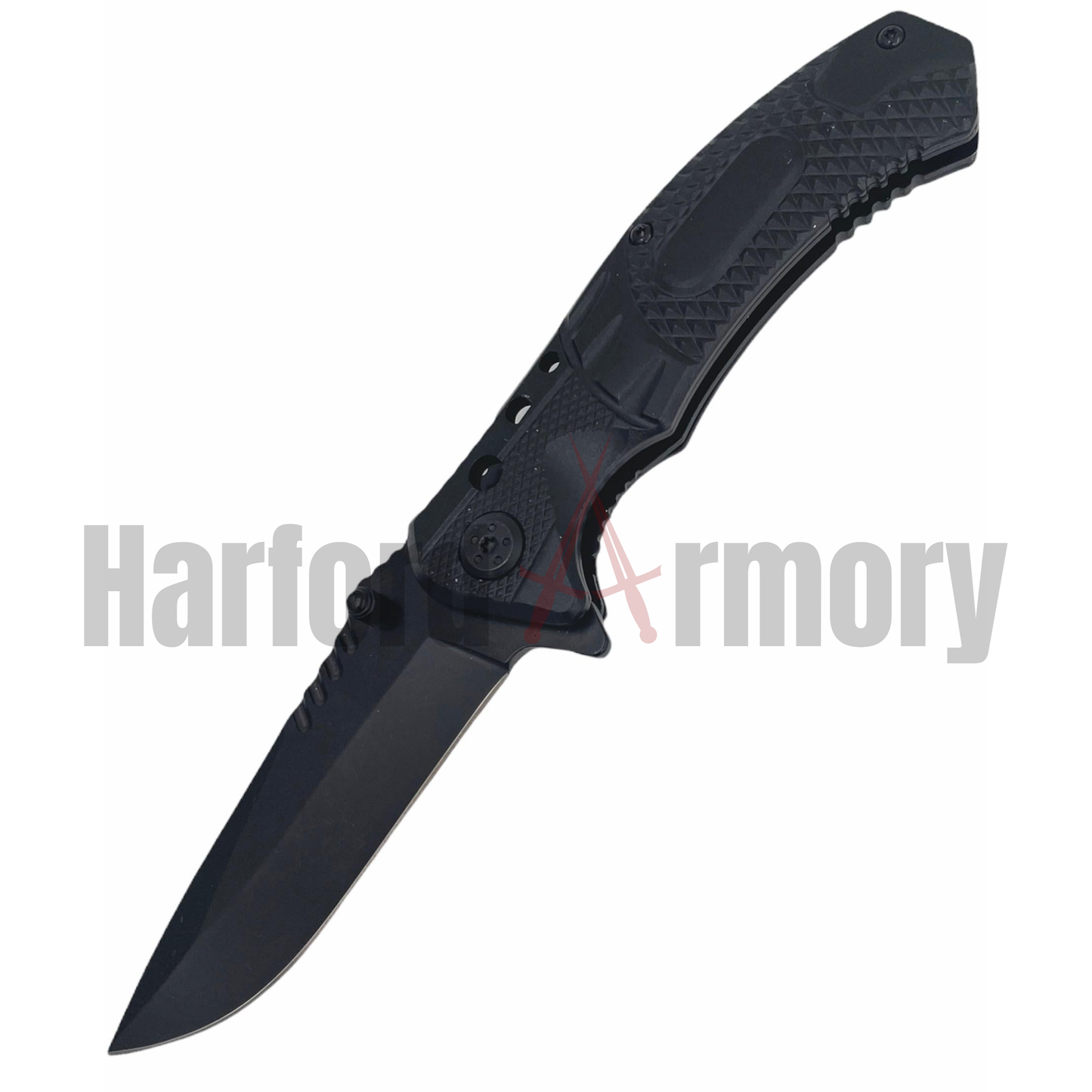 Spring Assisted TechTact Knife 8 Inch Drop Point Blade Black