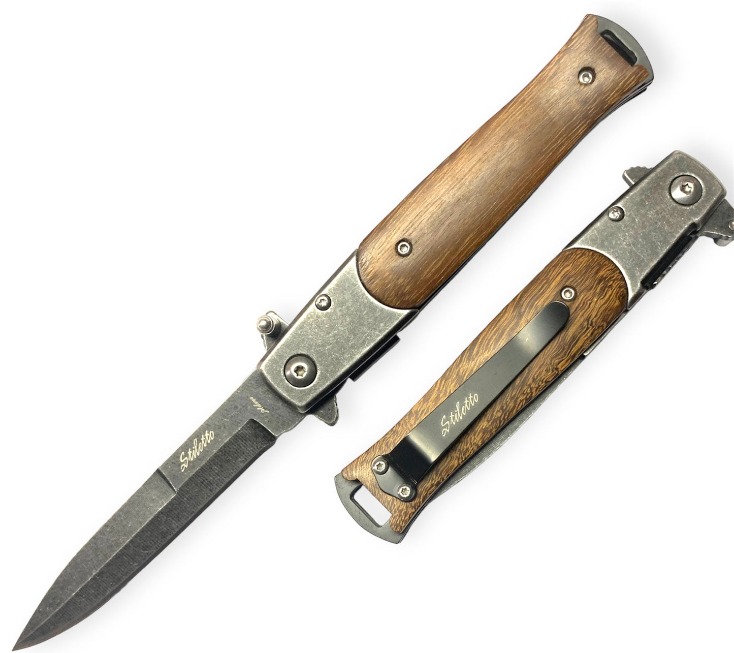 Tiger USA Spring Assisted Stiletto Stone wash Knife Brown