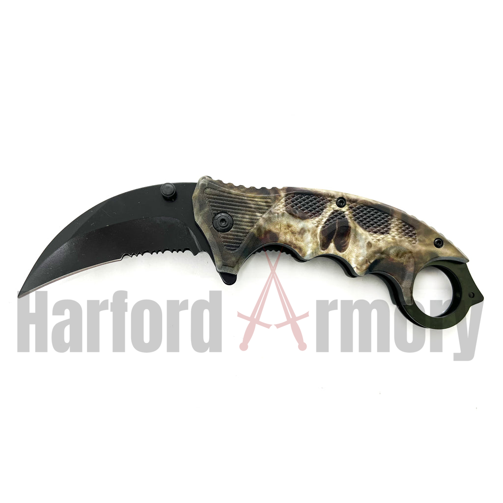 Green Skull Folding Karambit Knife W.Clip