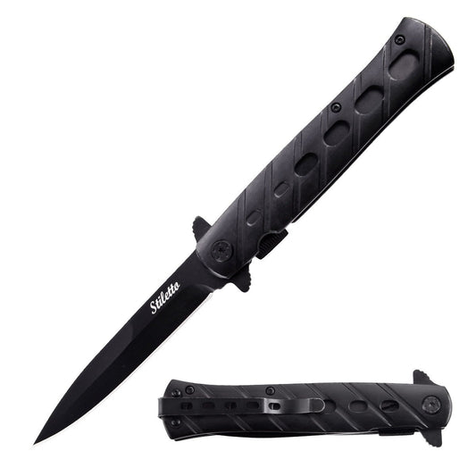 Spring Assisted Black Stiletto Style 9" Pocket Knife