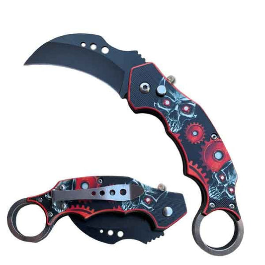 Skeleton SwitchBlade Karambit Knife Finger Ring - Red 5"