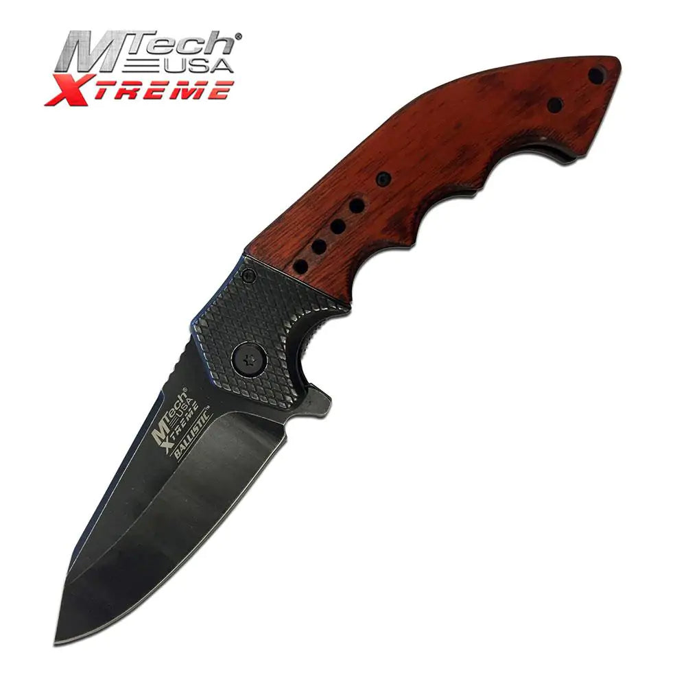 MTech USA - Brown Wood Stonewashed Blade  - Spring Assisted Knife