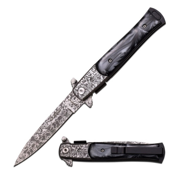 Tac-Force - Damascus Etched Stiletto Spring Assisted Knife