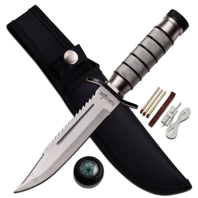 Survivor - Fixed Blade Knife with Compass and Survival Kit - 9.5 Inch Silver